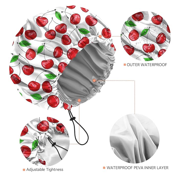 Shower Cap Reusable Double Layer Adjustable Elastic Waterproof EVA Hair Bath Caps for Women Girls Cute Aesthetic-Cherry