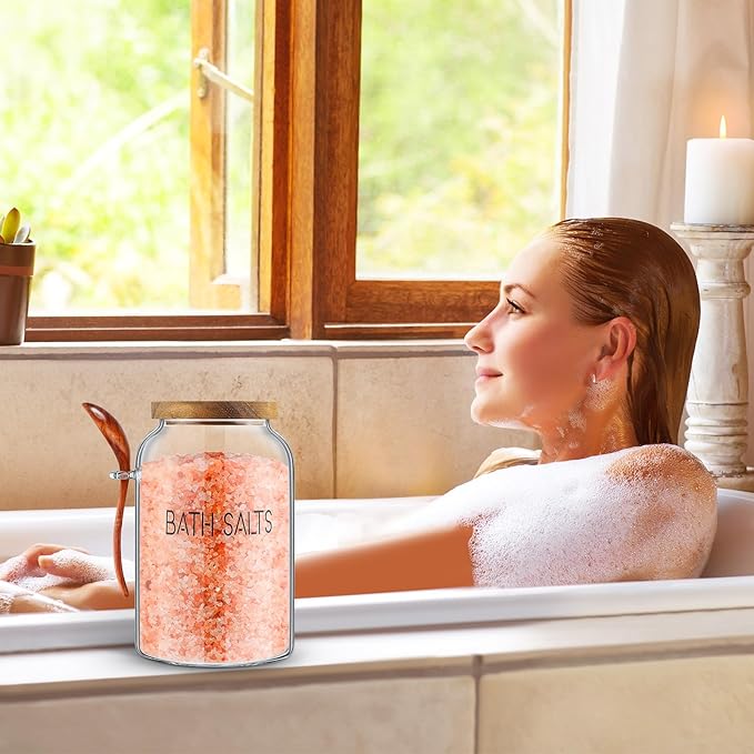 SiliFine 1 Piece 94 oz Bath Salts Glass Jar with Wooden Lid, Bath Salt Container with Scoop, Airtight Storage Bathtub Accessories for Women