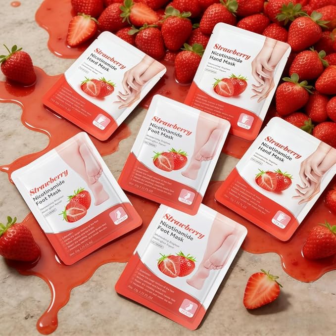 6-Pack Strawberry Nicotinamide Hand & Foot Mask (3 Hand/3 Foot,) - Home Spa Experience with PAS for Hands & Feet - Hydrating & Moisturizing, Strawberry Scent for Dry Rough Skin