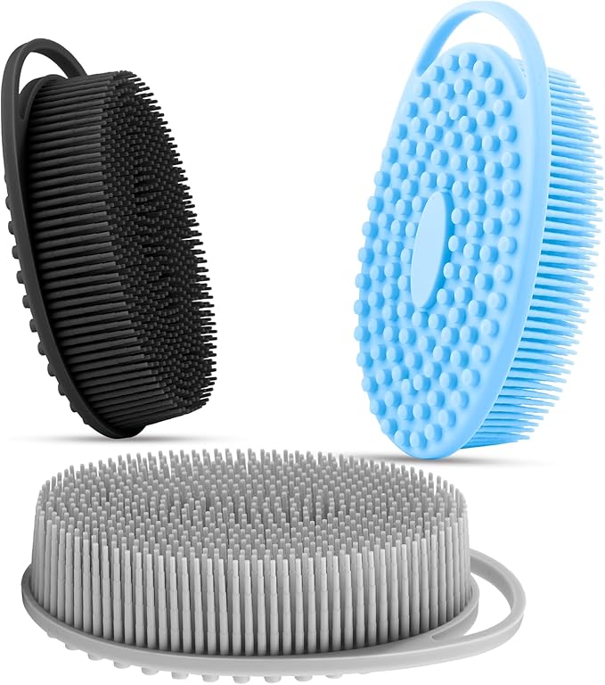 3 Pack Silicone Body Scrubber, Soft Silicone Loofah Silicone Body Brush Exfoliating Body Scrubber, Bath Shower Scrubber for Body, 2 in 1 Bath and Shampoo Wash Brush for Skin Exfoliation Men Women