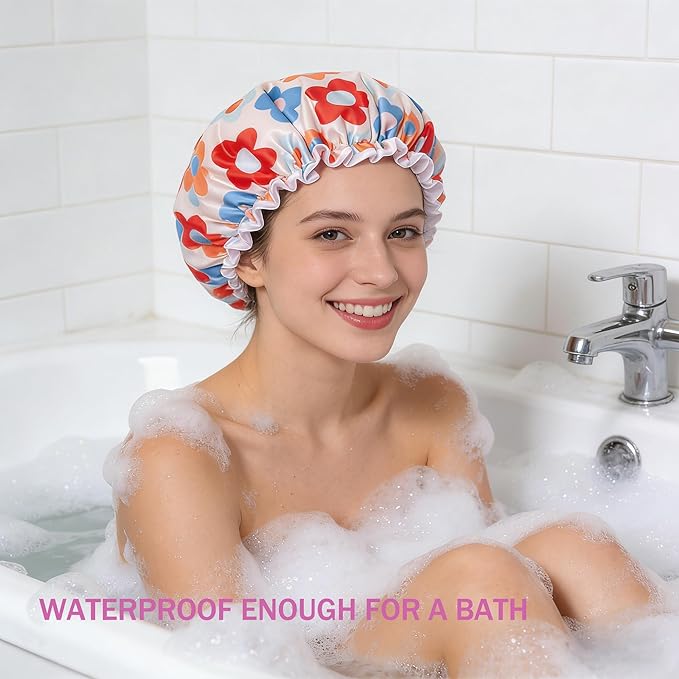 Aquior Large Shower Cap, Shower Cap for Women Reusable Waterproof, Bath Hair Cap for All Hair Lengths,for Ladies, Men and Kids (Flower)