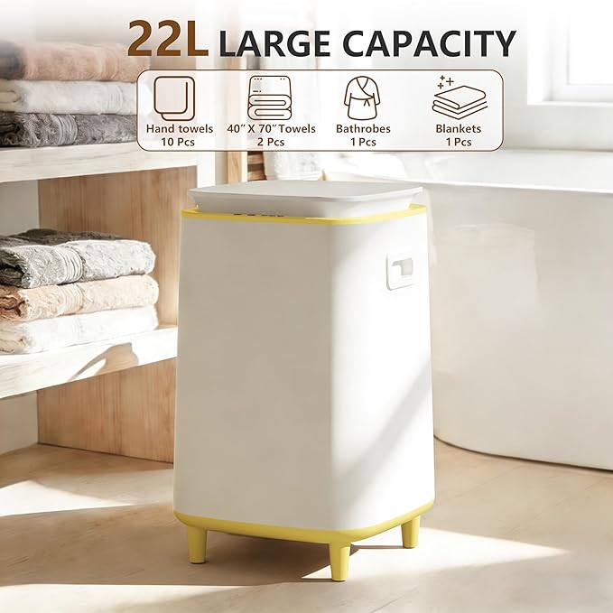 22L Towel Warmer for Bathroom – Fast Heating Blanket Warmer, Fits Two 40" x 70" Oversized Towels, Blankets & Bathrobes, Auto Shut-Off, Adjustable Timer, Portable Towel Warmer Bucket - Yellow