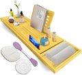 Premium Bathtub Tray with Accessories - Expandable Wooden Bath Tray, Hair Cap, Bath Sponge, Face Mask Brush