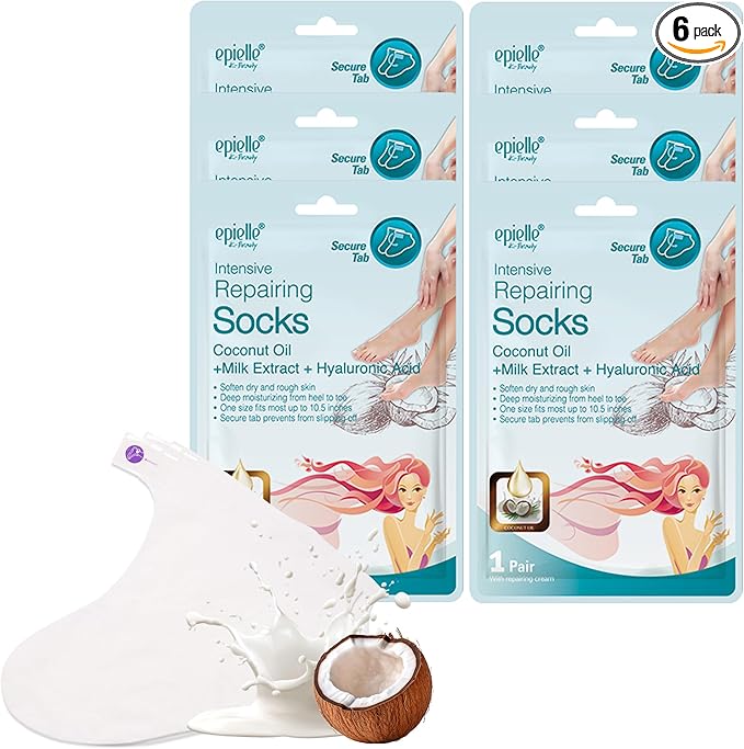 Epielle Intensive Repairing Foot Mask 6 Pairs, Soften with Coconut Oil & Milk Extract, Deep Moisturizing Socks for Dry, Cracked Feet, Self Care Gifts for Women, Spa Kit, Mothers Day Gifts