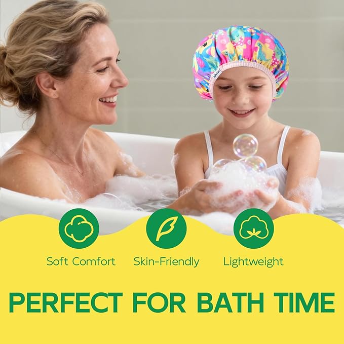 Years calm Kids Shower Cap, Waterproof Reusable Cartoon Bath Cap with Double Layers & Soft Elastic Band, Washable shower cap for kids, Great for Daily Bath(multi-colored, One Size)
