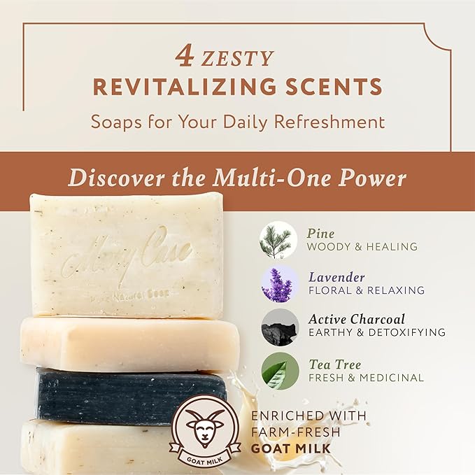 Mary Case Goat Milk Variety Bar Soap Set of 4 | Lavender, Pine Tar, Tea Tree & Charcoal Natural Soaps with Olive & Coconut Oils | Bath Soap for Men & Women | Hydrating, Purifying & Nourishing Skin