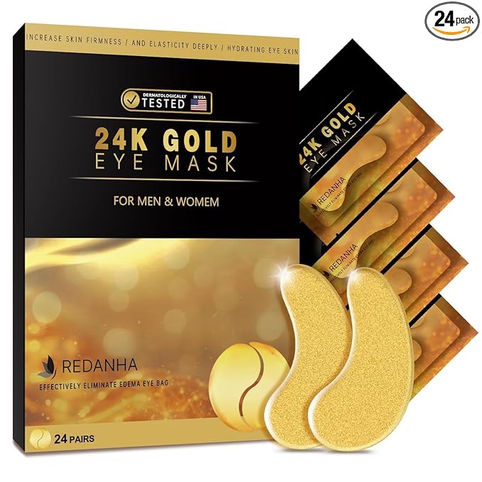 REDANHA 24 Pairs 24K Gold Under Eye Patches Face Masks Dark Circles Puffy Eye Bags Collagen Skincare Spa Trip Gift Eye Mask