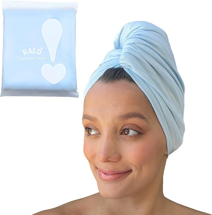 OOF! Halo T-Shirt Hair Towel | 100% Cotton Jersey Knit w/MoistureLock | No Microfiber | Reduce Cuticle Friction, Frizz & Breakage | Plopping Towel for Curly Hair | All Hair Types (Cotton Candy Blue)