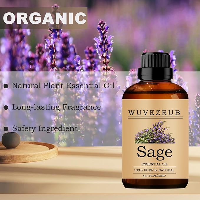 Sage Essential Oils, 120ML Pure and Natural Essential Oil for Aromatherapy Diffuser - Sage /4 Fl Oz
