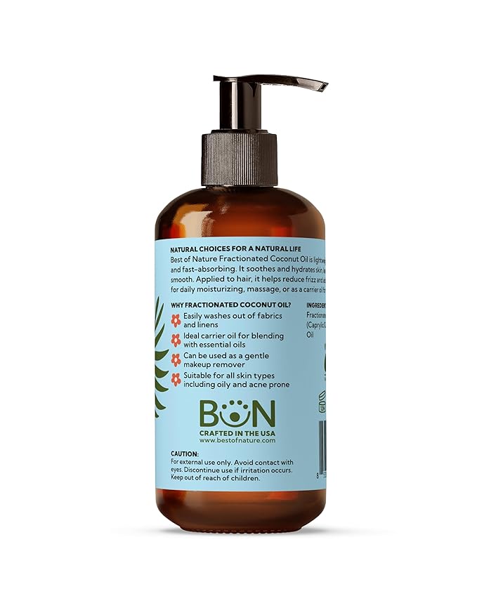 Best of Nature Fractionated Coconut Oil for Face, Hair & Massage – 100% Pure Liquid Coconut Oil for Skin, Unscented Carrier Oil for Essential Oils, Lightweight Body Oil, 8 fl oz Pump Bottle