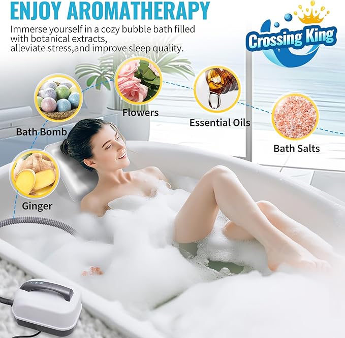 Crossing King Bubble Bath Mat Tub Spa Massager, Portable Spa Bubble Bath Massager with Upgraded Powerful Suction Cup, Electric Air Pump, Pillow and Remote Control for Relaxation 45 * 17in (Gray)