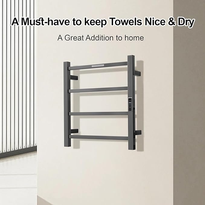 Electric Heated Towel Warmer - Wall Mounted Bathroom Towel Rack, Plug-in Design & Brushed Stainless Steel Finish Gunmetal with Timer & Temperature Control 4 Bar