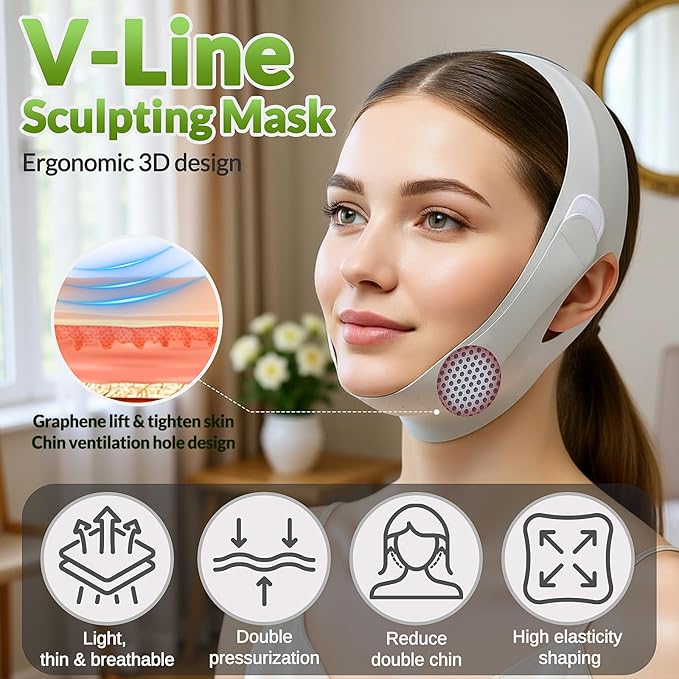 Lymphatic Contour Face Brush & V Line Lifting Mask, 2Pcs: Dry Brush Lymphatic Drainage Massager & Green Chin Strap for Sleeping, Jawline, Chin Sculpting and Lifting Set, Skin Care Gifts for Women