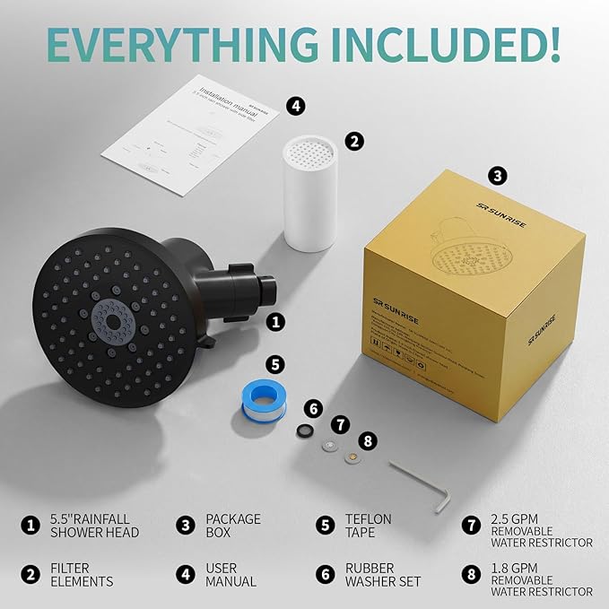 SR SUN RISE Filtered Shower Head - High Pressure Rain Shower Head with 20-Stage Filterr, 6 Spray Modes for Hard Water Softener, Remove Chlorine & Heavy Metals (Black, 5.5 Inch Round)