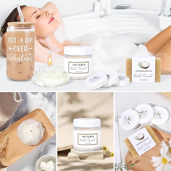 Mothers Day Gifts for Mom, Spa Gift Baskets for Women, Sweet Coconut Birthday Gifts Baskets for Women, Spa Kit Box, Bath and Body Relaxing Gift Set for Mother Wife Sister Friends with Glass Cup