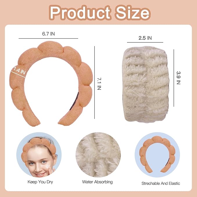 Beleki Spa Headband for Washing Face Wristband Set Sponge Headband Makeup Skincare Face Washing Headband Terry Cloth Bubble Puffy Hairband Non Slip Headwear Hair Accessory for Women - Orange