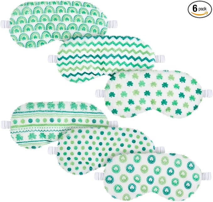 Cuffbow 6 Pack Plush Sleep Mask Set, Cute Plush Eye Masks for Sleeping, Soft Comfortable Travel Nap Blindfold, Sleepover Party Favors for Women(Four Leaf Clover,Green)
