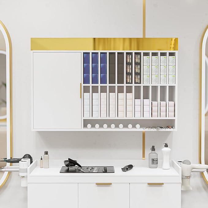 OmySalon Hair Color Organizer Rack, Professional Wall Mounted Salon Station, Barber Storage Cabinet with Adjustable Shelves, Hair Dye Tubes Display for Beauty Spa, Barbershop, White