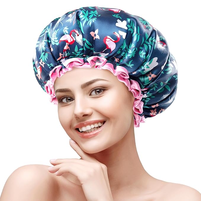 mikimini Medium Shower Cap for Girls and Women, Flamingo Shower Caps with Pink Lace, Reusable Waterproof Bathing Shower Hat for Girls