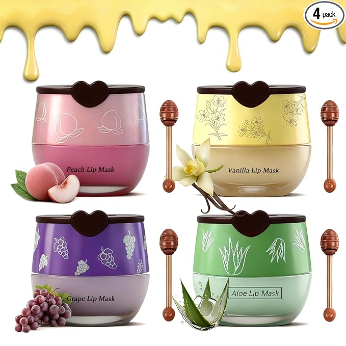 4PCS Bee Lip Balm Honey Pot, Fruit Moisturizing Propolis Lip Mask, Lip Mask Overnight Propolis Moisturizing Lip Balm Hydrating Prevention Dry and Crack Lip Scrubs Exfoliator Lip Care Products