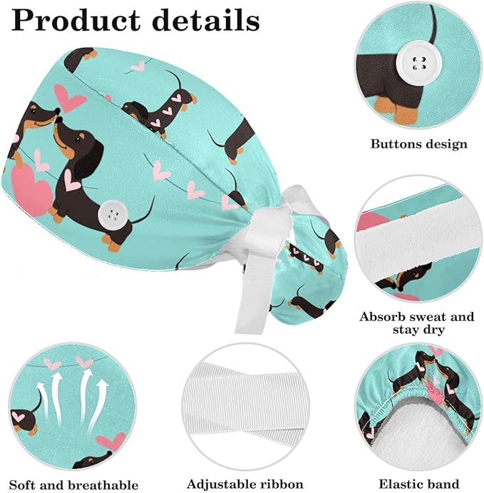 Ethnic Aztec Pattern Adjustable Scrub Cap Hat with Button, Working Hat Sweatband with Bow Hair Scrunchy for Woman