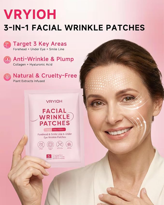 3 IN 1 Forehead, Smile Line & Under Eye Wrinkle Patches, Overnight Facial Wrinkle Treatment with Hyaluronic Acid, Collagen to Lift Lines for Women, 60 Patches