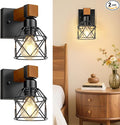 Wall Sconces Set of Two, Farmhouse 1-Light Matte Black Vanity Lights for Bathroom, Rustic Wooden Bedside Hardwired Wall Mounted Lamp with Metal Cage for Hallway, Living Room, Mirror, Kitchen