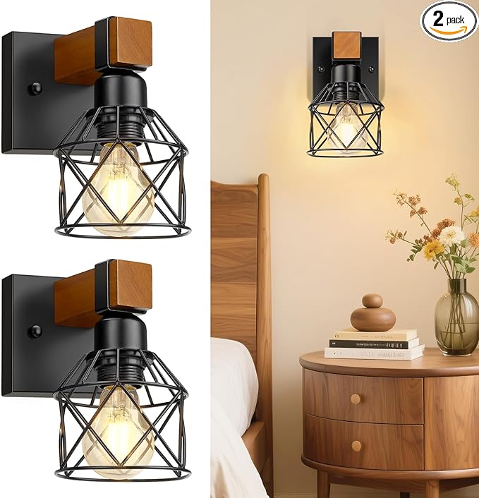 Wall Sconces Set of Two, Farmhouse 1-Light Matte Black Vanity Lights for Bathroom, Rustic Wooden Bedside Hardwired Wall Mounted Lamp with Metal Cage for Hallway, Living Room, Mirror, Kitchen