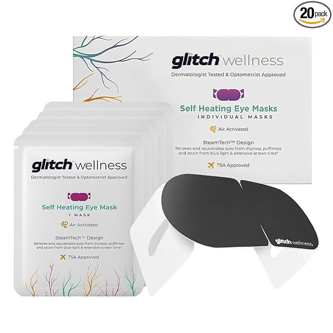 Glitch Self Heating Eye Mask - Steam Eye Mask for Dry Eyes, Soothing Relief, Stress Reduction - Disposable Warm Eye Compress Moist Heat