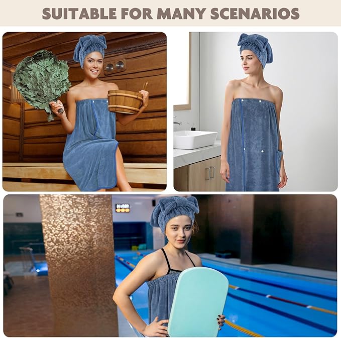 SUNLAND Microfiber Women Bath Towel Wrap and Hair Drying Towel Set,Adjustable Soft Body Wraps Dress with Hair Towels, Super Absorbent to Quick Drying 32 Inch x 60 Inch Dark Blue