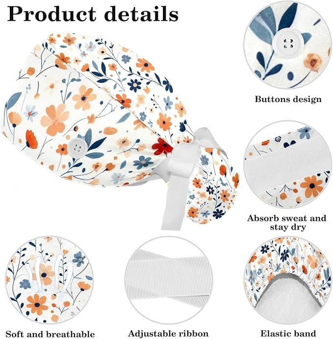 Scrub Caps Women Nursing Hats Floral Flowers with Buttons Ponytail Working Adjustable Pouch Tie Back