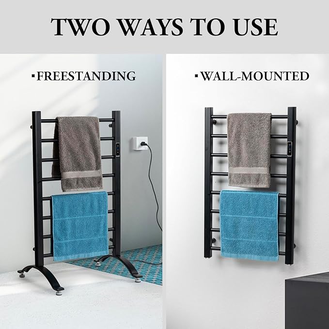 MyGift Hotel Series Matte Black Carbon Steel Towel Warmer Rack with 8 Heating Bars and LED Temperature Timer Control, Freestanding or Wall Mounted Electric Bath Towel Warming Holder