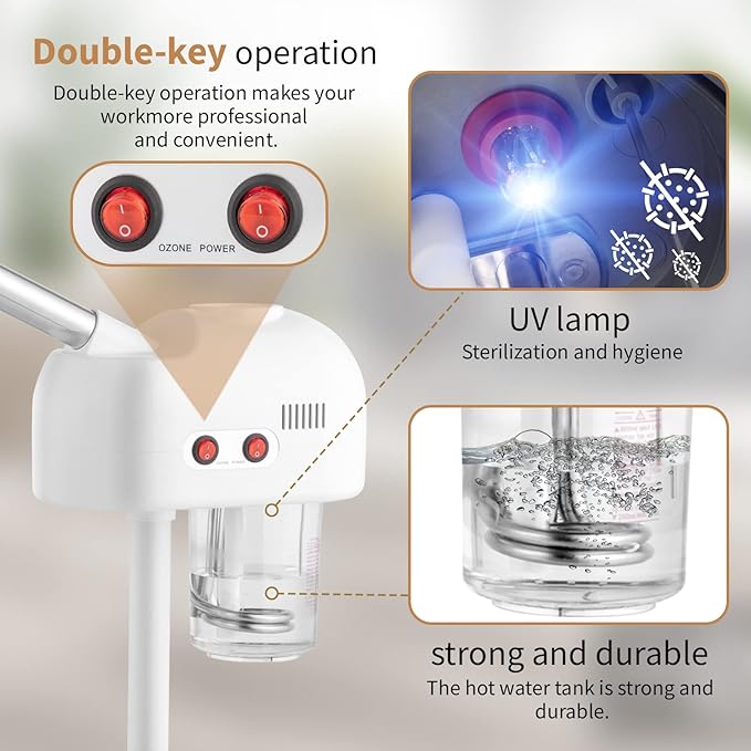 Facial Steamer Professional with Hot Mist Ozone Function, 3X LED Magnifying Lamp, Face Steamer for Home and Salon Spa Use, 360° Rotatable Nozzle & Adjustable Height