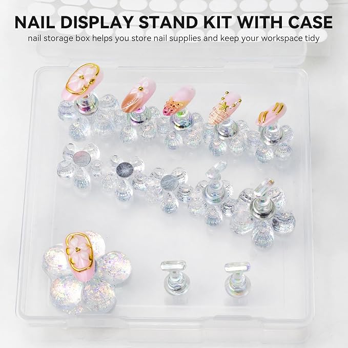 Nail Stand for Press On Fake Nails Painting Display Practice, Powerful Magnetic Nail Holder for Design, Flower Nail Stand with 200 PCS Double-Sided Tapes, Nail Tools for Home Salon