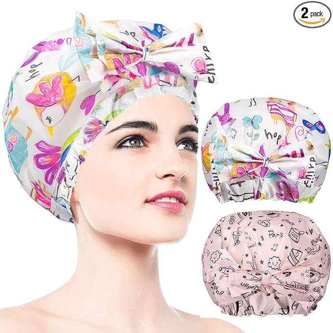2 PCS Shower Caps, Reusable & Extra Large & Adjustable & Double Layer Waterproof Bow Knot Hair Reusable Cap for Women, Waterproof Outer & EVA Lining, for Shower, Spa, Makeup