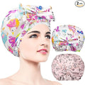 2 PCS Shower Caps, Reusable & Extra Large & Adjustable & Double Layer Waterproof Bow Knot Hair Reusable Cap for Women, Waterproof Outer & EVA Lining, for Shower, Spa, Makeup