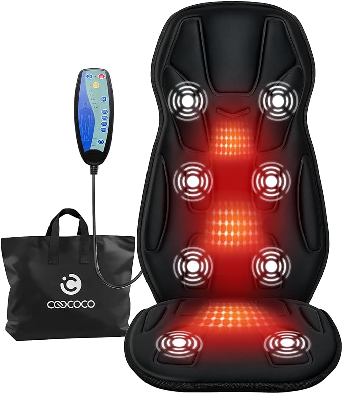 CooCoCo Back Massager with Heat, 8 Vibrating Motors Back Massager for Pain Relief Deep Tissue, Massage Chair Pad, Chair Massage Pad for Office Home, 2 Heaitng Levels, Gifts for Women Mom Mothers Wife