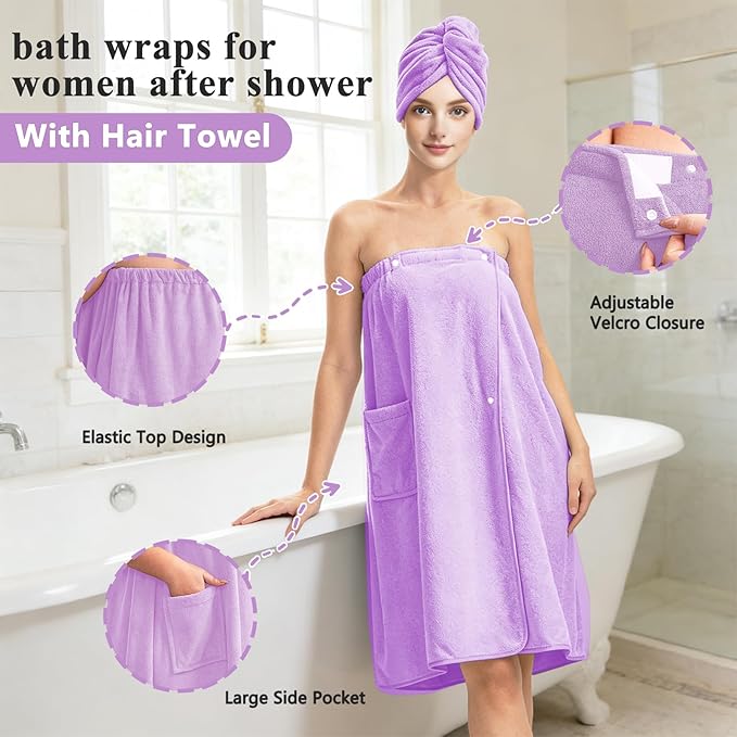 Women’s Adjustable Spa Wrap Towel Set, Microfiber Body Wrap Bathrobe with Matching Hair Towel, Super Absorbent & Quick Dry Shower Wrap for Home, Gym, Pool – Light Purple (Light Purple)