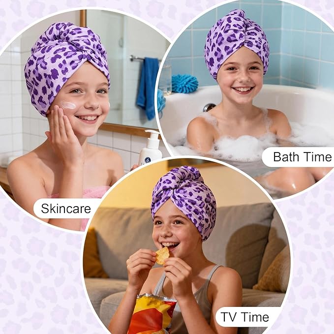 2 Pack Microfiber Hair Towel Wrap for Girls, Quick Dry Hair Turban for Kids, Absorbent Frizz-Free Hair Drying Towel with Button for Long Thick Curly Hair, Purple Pink Leopard