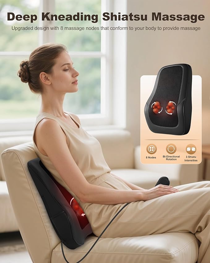 Beleduc Shiatsu Back Massager with Heat, Back Massager for Back Pain Deep Tissue, Vibration Massage, Deep Kneading Massager Pillow for Neck Shoulder, Black