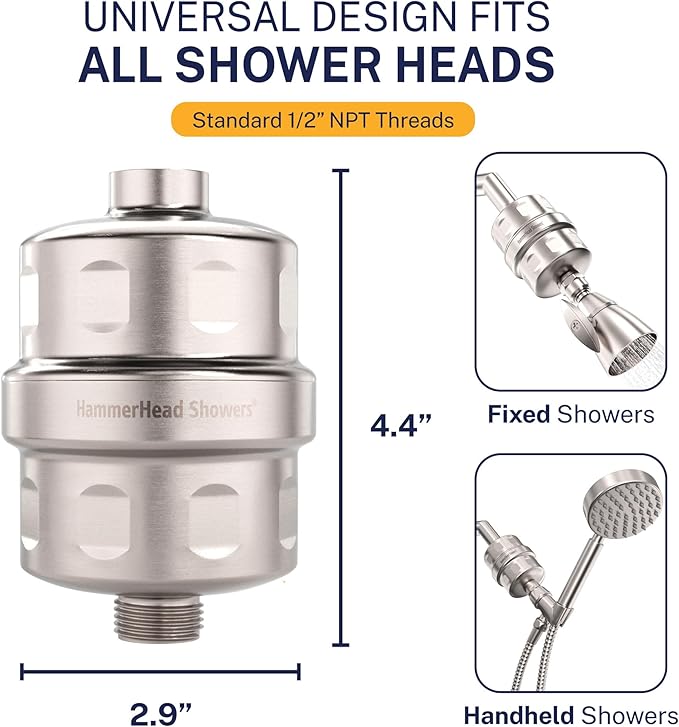 HammerHead Showers® Solid Metal Shower Head Filter – KDF 55 Shower Filter, High Pressure Universal Shower Filters to Remove Toxic Chemicals – Removes Chlorine and Heavy Metals – Brushed Nickel