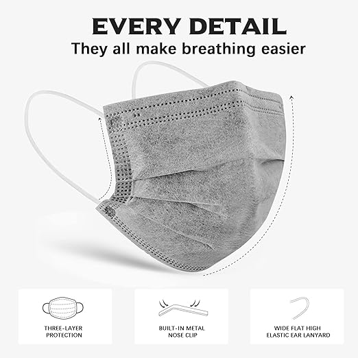 Wecolor 100 Pcs Disposable 3 Ply Earloop Face Masks for Adults, Outdoor, Airport, Farm, Garden, Non-Woven Fabric and Meltblown Fabric, Soft, Comfortable Face Mask, Anti-Fog, Wide Earbands - Gray
