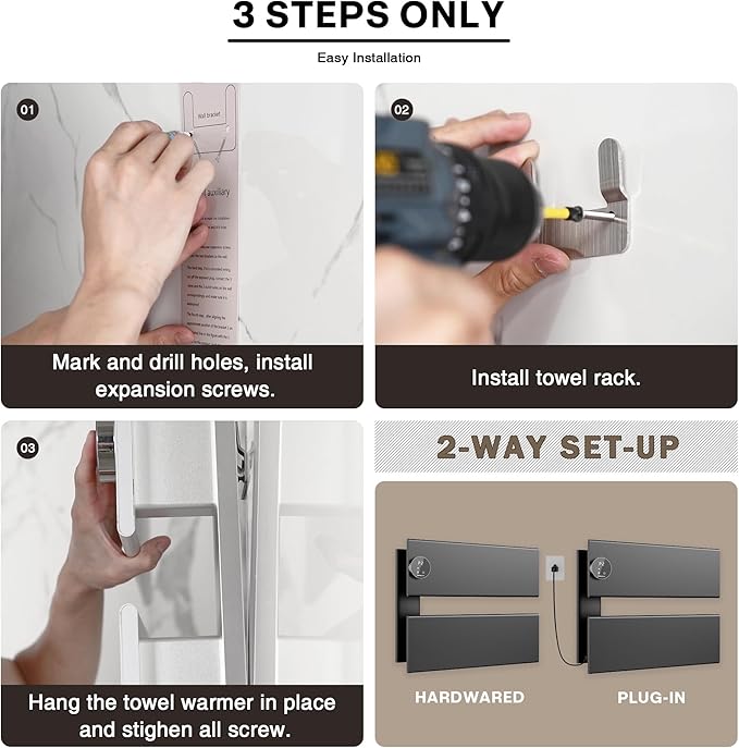 K&KALONZO Electric Towel Warmer, 18.35" W x 14.6" H Wall-Mounted Towel Heater with Built-in Timer, Waterproof Aluminum Towel Warmer for Bathroom, Support Plug-in and Hardwired, Black, K2-L-B