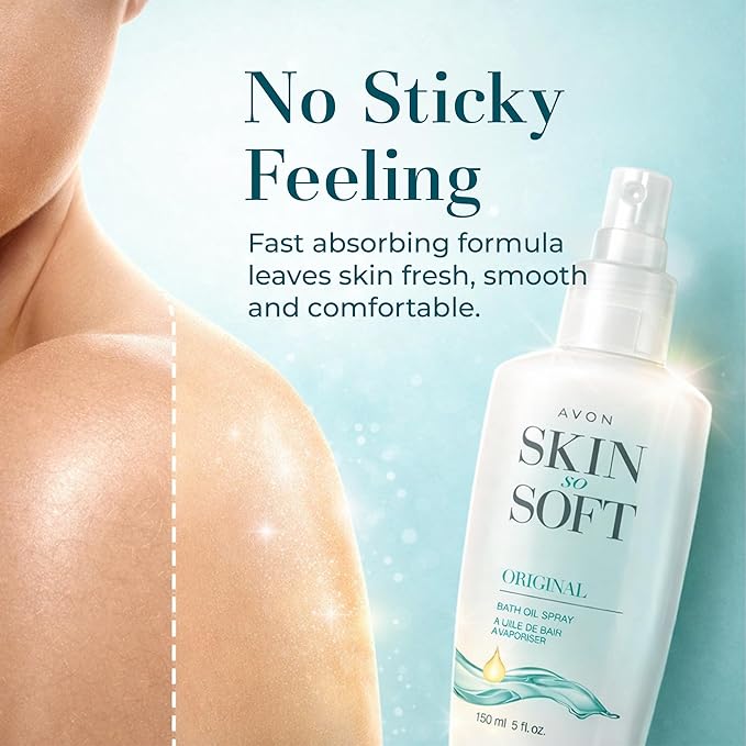 AVON Skin So Soft Original Bath Oil Spray - Moisturizing Shower Oil with Jojoba Oil & Vitamin E - Non-Greasy Formula for Dry Skin Care - After Shower Moisturizer for Women - Hydrating Spray, 5 fl oz