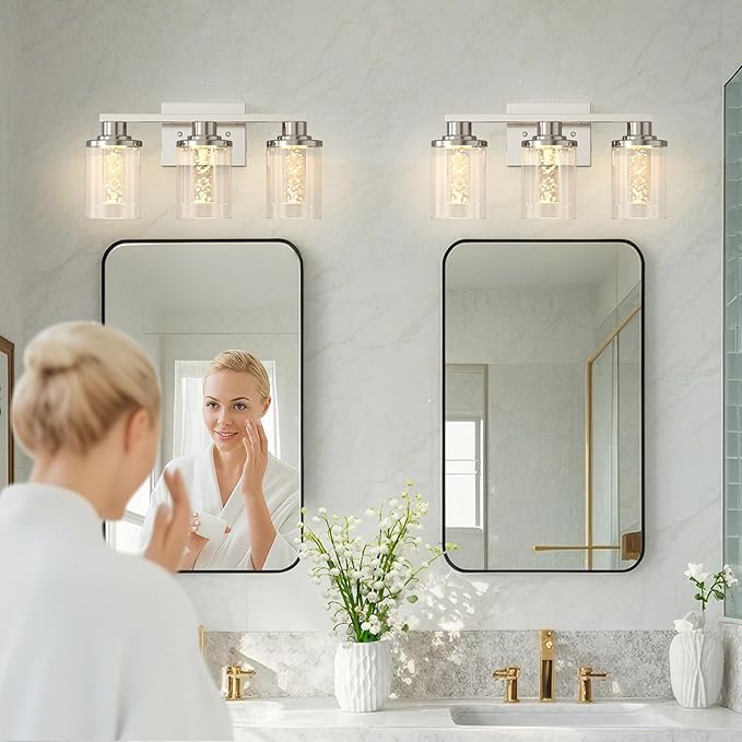 L LOHAS LED 3-Light Brushed Nickel Bathroom Light Fixtures, Crystal LED Bathroom Vanity Lights with Clear Glass Shade, 5CCT Dimmable Vanity Lights for Living Room Hallway with Remote Control