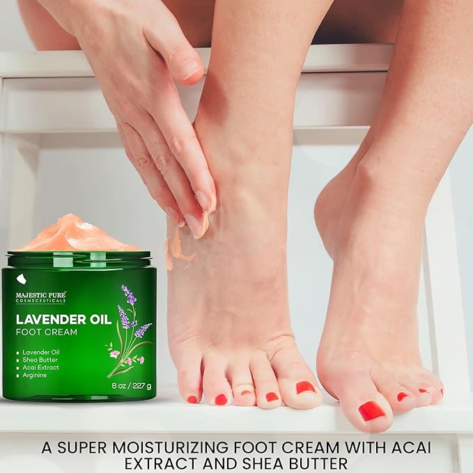 Majestic Pure Lavender Oil Foot Cream, Warming Cream - Calluses, Dry Cracked Feet, Hands, Heels, Elbow, Nails, and Knees - Softens & Moisturizes Skin - 8 oz