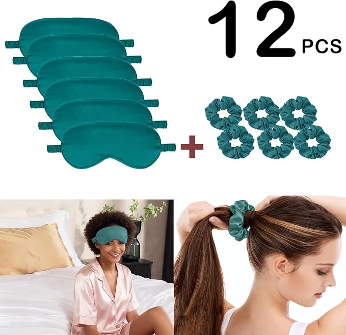 12Pcs Silk Sleep Masks Satin Eye Mask Silky Eyes Cover Blindfold Eyeshade Hair Ties Scrunchy Travel Bridesmaids Gifts