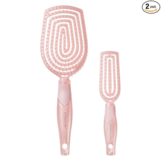 Conair Scalp Care Detangling hairbrush 2pk - Travel Hair Brush Set - Scalp Massager - hairbrushes for women & men - detangler for all lengths - use wet or dry - Blush Pink