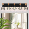 FadimiKoo 5-Light Farmhouse Wood Wall Sconces Lighting, Black Vanity Lights Over Mirror with Metal Cage Lampshade, Rustic Bathroom Wall Mounted Lamp for Mirror, Living Room, Bedroom, Hallway