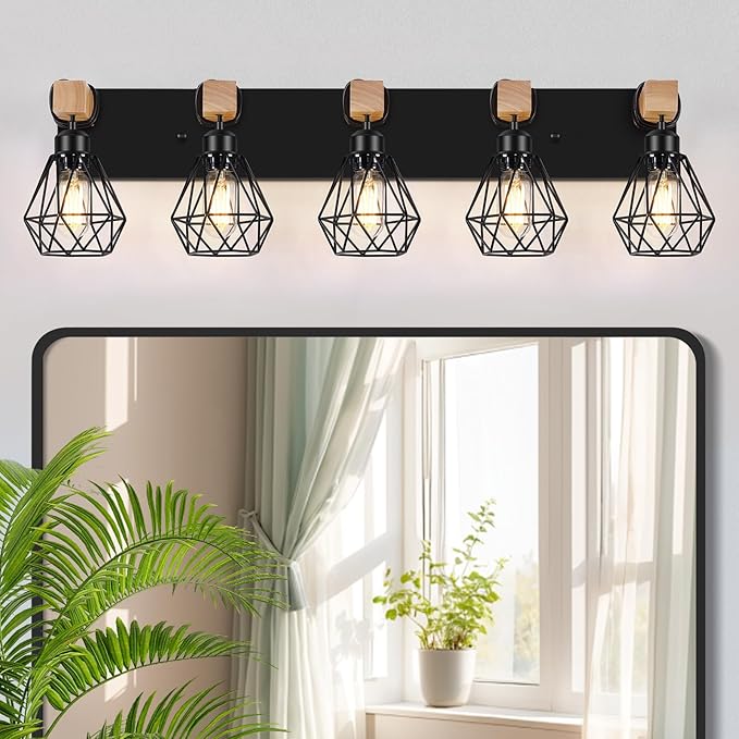 FadimiKoo 5-Light Farmhouse Wood Wall Sconces Lighting, Black Vanity Lights Over Mirror with Metal Cage Lampshade, Rustic Bathroom Wall Mounted Lamp for Mirror, Living Room, Bedroom, Hallway